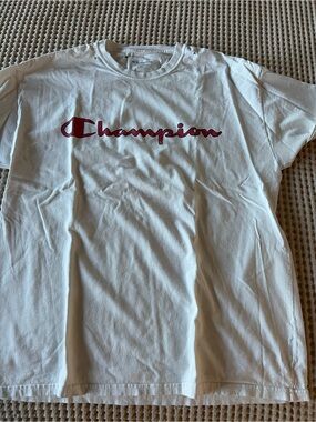 Champion White Tee with Crimson Script Logo